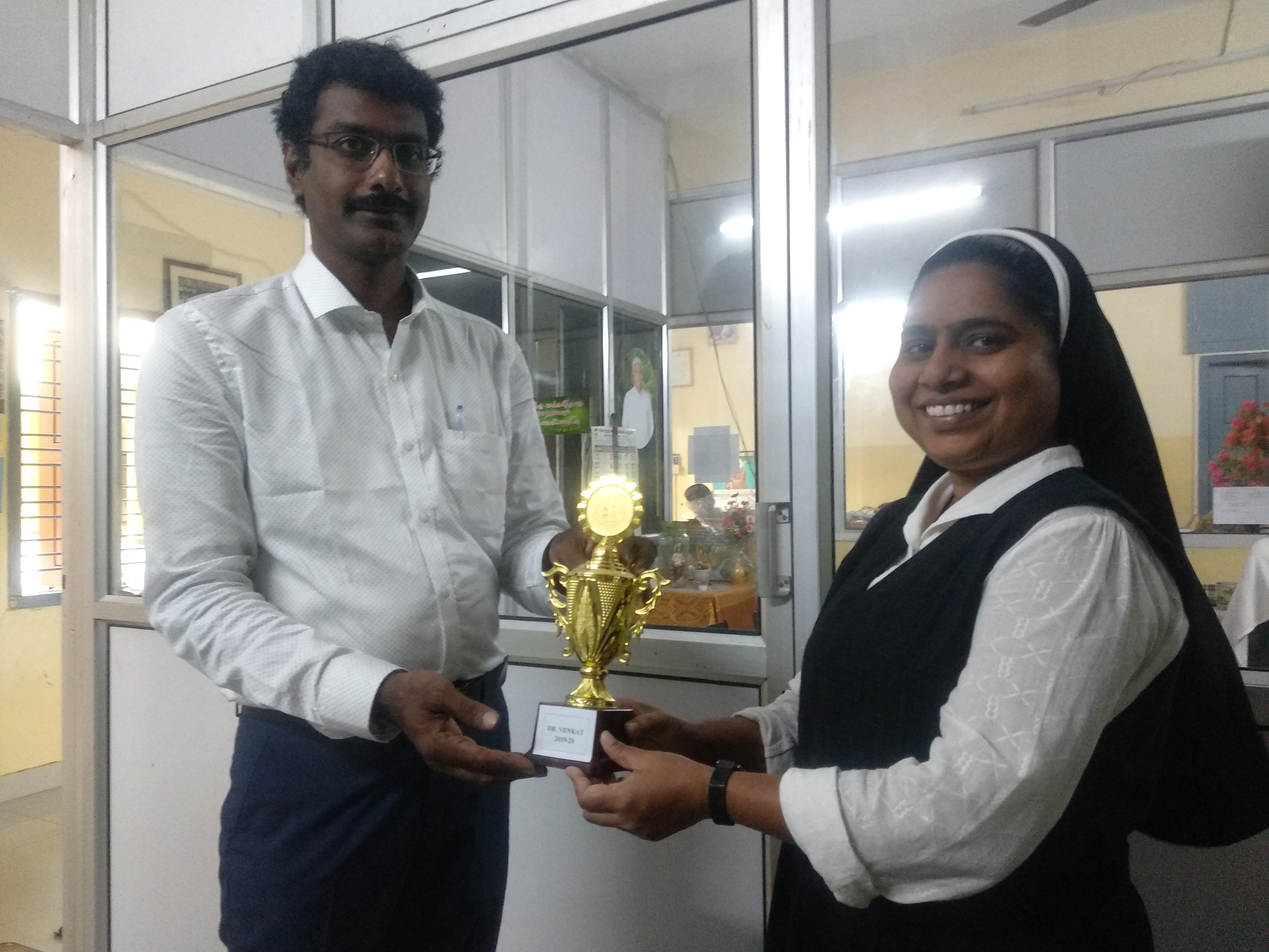 Our Founder Mr. Venkatesh V being felicitated by Sr. Marry - Principal on 27.11.2019 at St.Joseph Matric Hr.Secondary School Porur Chennai